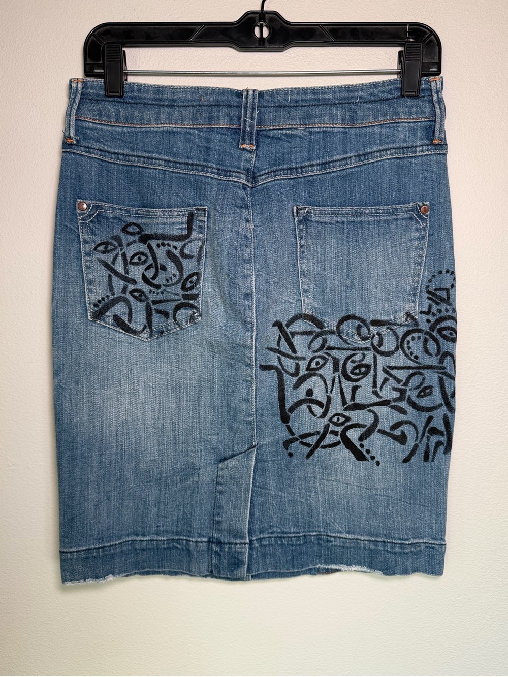 Pilcro and the Letterpress Anthropologie Denim Graffiti Distressed Jean Skirt